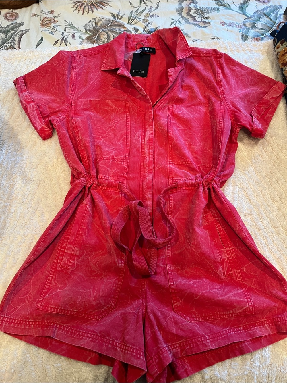 Fate Red Washed Short-Sleeve Utility Romper